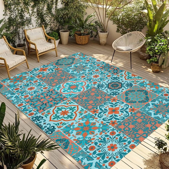 Retro Middle Century Outdoor Rug for Patio/Deck/Porch, Non-Slip Large Area Rug 5 x 8 Ft, Rustic Bohemia Style Aztec Blue Indoor Outdoor Rugs Washable Area Rugs, Reversible Camping Rug Carpet Runner