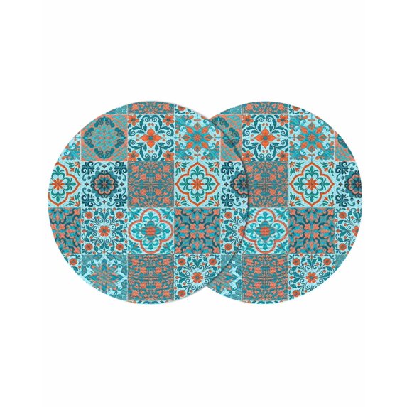Retro Middle Century Round 13 Inch Placemats Set of 2, Rustic Bohemia Style Aztec Blue HeatResistant Non Slip Place Mats for Dining Table, Wipeable Braided Kitchen Table Mats for Housewarming