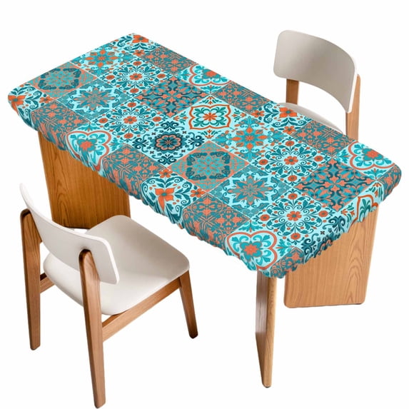 Retro Middle Century Table Cloths for 3 Foot Rectangle Tables, Rustic Bohemia Style Aztec Blue Patio Waterproof Elastic Fitted Tablecloths, Washable Rectangular Table Cover for Camping