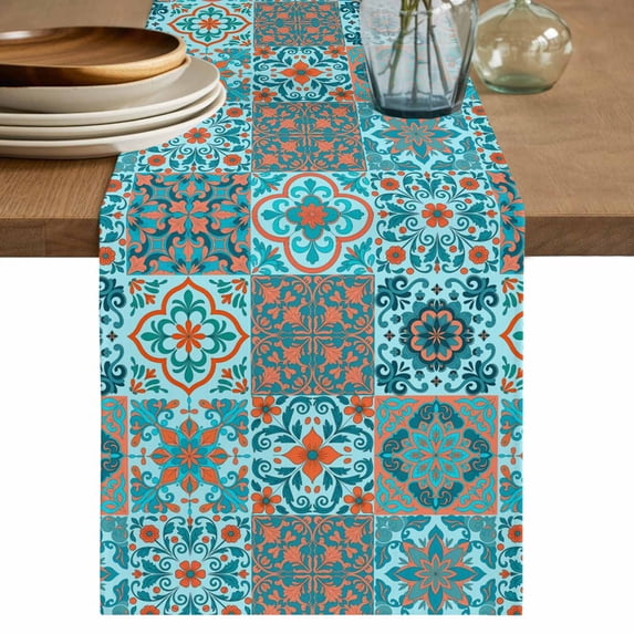 Retro Middle Century Table Runner 72 Inches, Rustic Bohemia Style Aztec Blue Bed Runner Dresser Scarves Tabletop for Indoor Outdoor Parties/Ceremony/Banquet, 13" x 72"