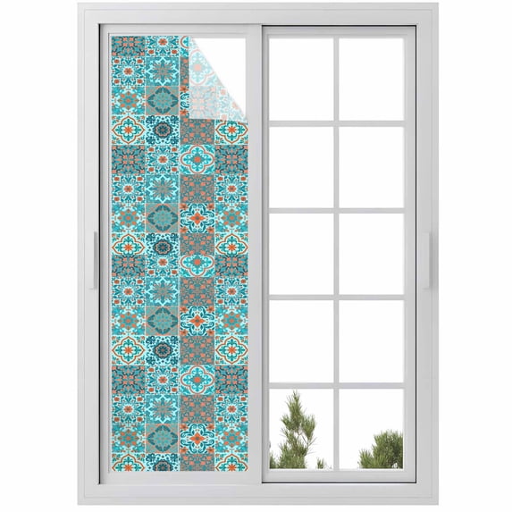 Retro Middle Century Window Privacy Film, Rustic Bohemia Style Aztec Blue Static Cling UV Sun Blocking Heat Control Window Tint Day and Night, Non-Adhesive One Way Windows Privacy Cover 17.7''x78.7''