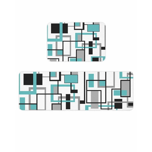 Retro Middle Kitchen Mats for Floor 2 Piece, Ages Abstract Geometric Teal Black Square Absorbent Non-Slip Kitchen Rugs Comfort Standing Mat for Laundry, Hallways 23.6"x35.4"+23.6"x70.9"