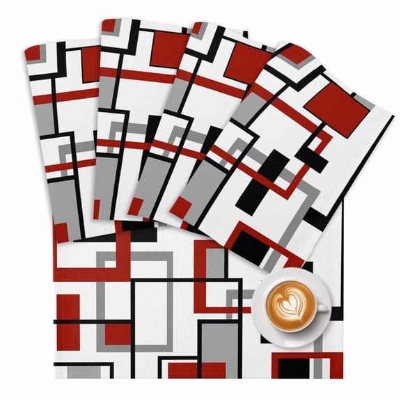 Retro Middle Placemats Set of 1 Ages Abstract Geometric Red Black Square Place Mats Washable Table Mats for Party Kitchen Dining Decoration, 13 X 19 Inch