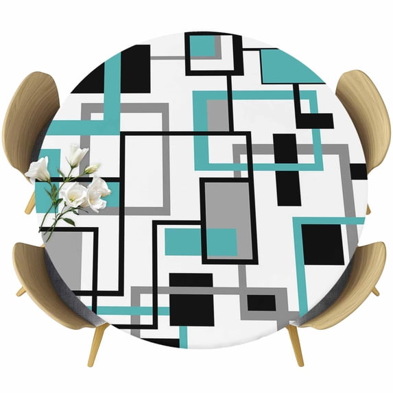Retro Middle Round Fitted Table Cover Ages Abstract Geometric Teal Black Square Waterproof Table Cloth with Elastic Edge Wipeable Tablecloth for Picnic Camping Party Fits 36"-44" Diameter