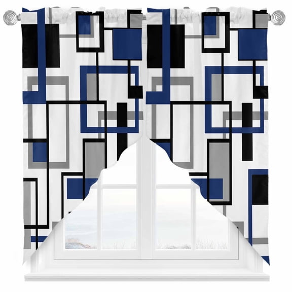 Retro Middle Swag Valances for Windows 2 Pack Ages Abstract Geometric Blue Black Square Swag Kitchen Curtains 63 Inches Long Rod Pocket Short Window Treatment for Kitchen Bathroom 36"x63"