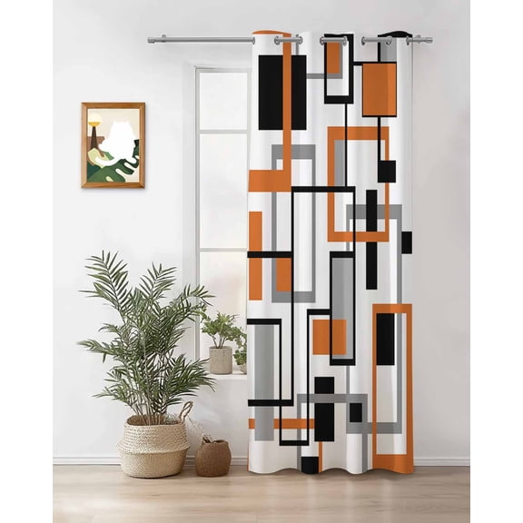 Retro Middle Thermal Insulated Blackout Curtains for Bedroom 45 Length Ages Abstract Geometric Orange Black Square Room Darkening Curtain 1 Panel Grommet Window Curtain Drape for Living Room