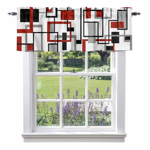 Retro Middle Valance Curtain Ages Abstract Geometric Red Black Square Window Valances Rod Pocket Short Curtains Window Treatments for Kitchen Bedroom Bathroom Laundry 54" x 18"