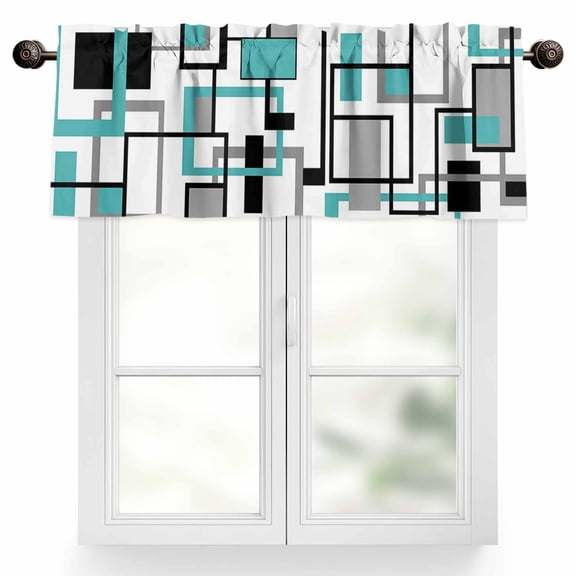 Retro Middle Valances for Windows, 42 x 18in, Ages Abstract Geometric Teal Black Square Rod Pocket Kitchen Valance Curtain Light Filtering Window Treatments for Living Room Bedroom, 1 Panel