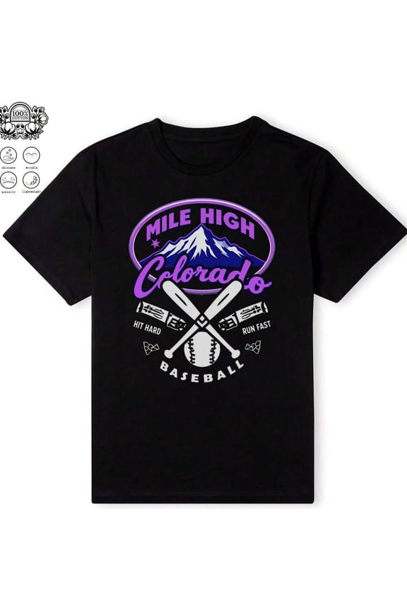 Retro Mile High Colorado Baseball T-Shirt - Vintage Mountain Sports Graphic Tee - Men's Hit Hard Run Fast Baseball Fan Apparel - Comfortable Black Short Sleeve Tee