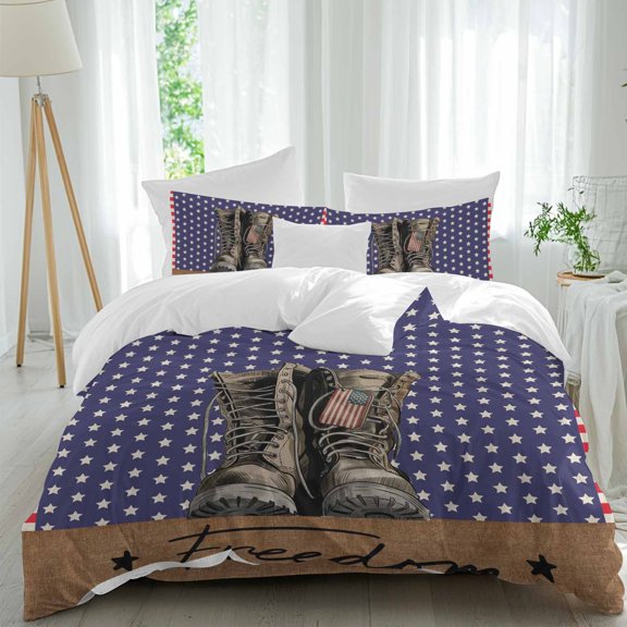 Retro Military Boots Twin Size Comforter Set, Freedom Stars Navy American Flag Striped Bedding for All Seasons, 4 Pcs Bed Set, 1 Quiltcover (68"x86") ,1Sheet(67"x116"), 2Pillowcases (30"x20")