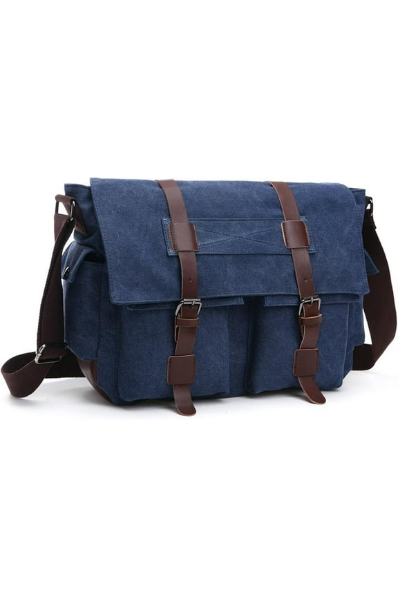 Retro Military Men's Canvas Crossbody Bag, Leather Canvas Laptop Bag, Messenger Bag