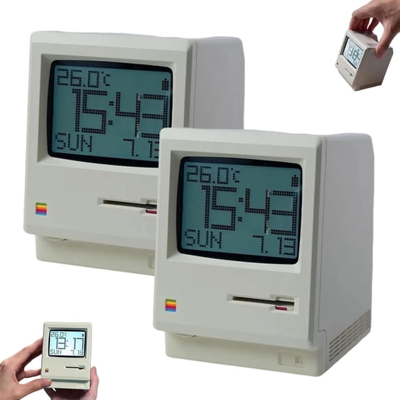 Retro Mini Computer Desktop Clock - LED Display Alarm Clock with 4 Modes, Shows Time/Date/Temperature, Vintage Office Desk Ornament(1pcs,D)