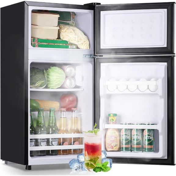 Retro Mini Fridge with Freezer Dual Door Apartment Size Small Refrigerator with Egg Tray, Dorm Mini Fridge with Removable Plastic Shelves, 2.4Cu.ft, 14.96