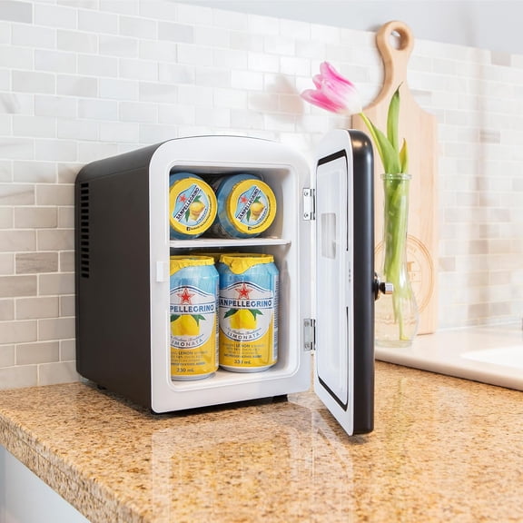 Retro Mini Portable Fridge - 4L Capacity Compact Cooler, 12V/110V AC Power, Black, 6 Can