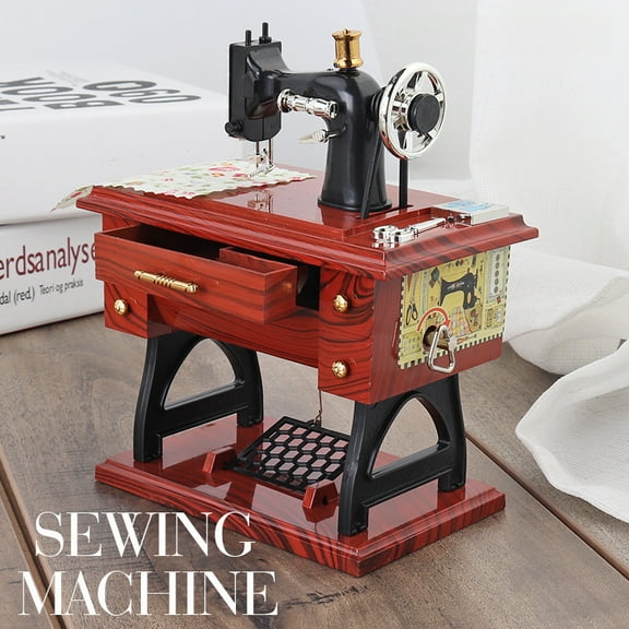 Retro Mini Sewing Machine Music Box - Hand-Wound (No Battery), Drawer-Activated Melody & Moving Parts (Pedal/Needle/Wheel)