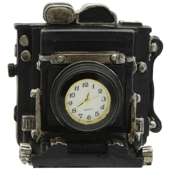 Retro Miniature 2-1/2" Resin Camera Figurine with Quartz Clock