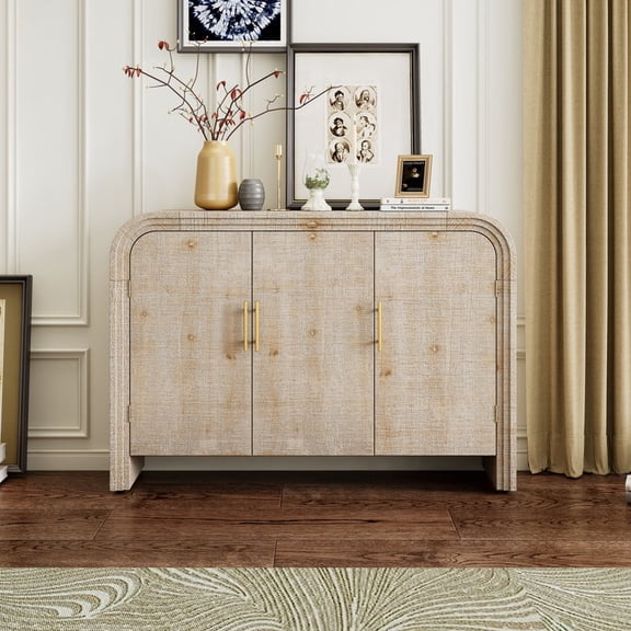 Retro Minimalist Curved Sideboard with Gold Handles and Adjustable Dividers for Living Room or Dining Room (Natural Wood Wash)