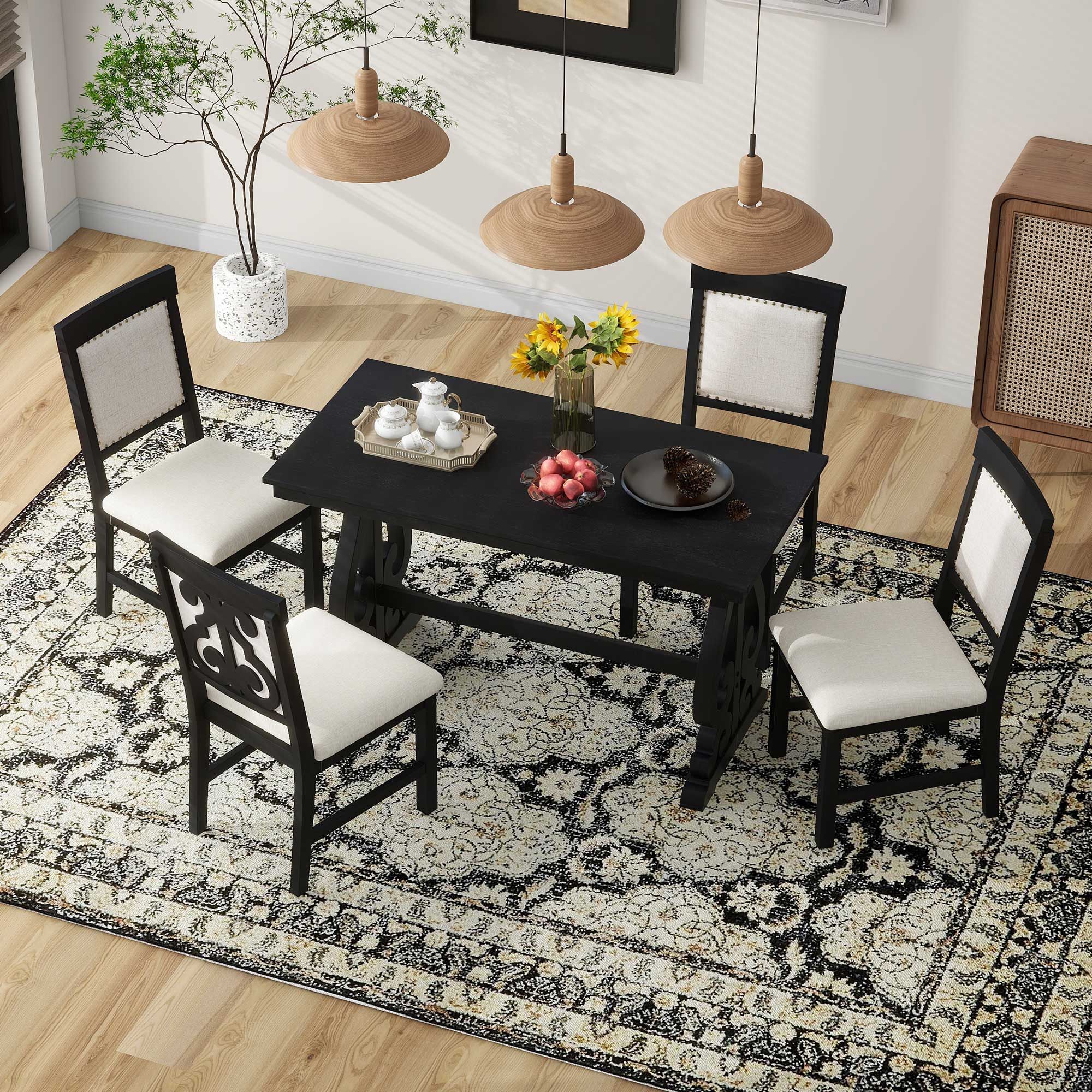 Retro Minimalist Dining Table Set with 4 Upholstered Chairs, 5 Piece