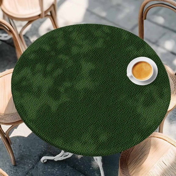 Retro Minimalist Green Leather Round Fitted Tablecloth with Elastic Edge,Waterproof Table Cloth Fits Tables Up to 55"-60",Wipeable Washable Table Cover for Indoor Outdoor,Farm Vintage Cowhide Texture