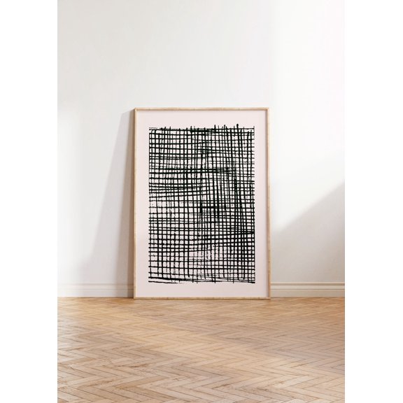 Retro Minimalist Lines Geometric Abstract Check Pattern Living Room Poster In Black And Beige, Trendy Art Poster, Illustration Art, Unframed Poster Size 8x12