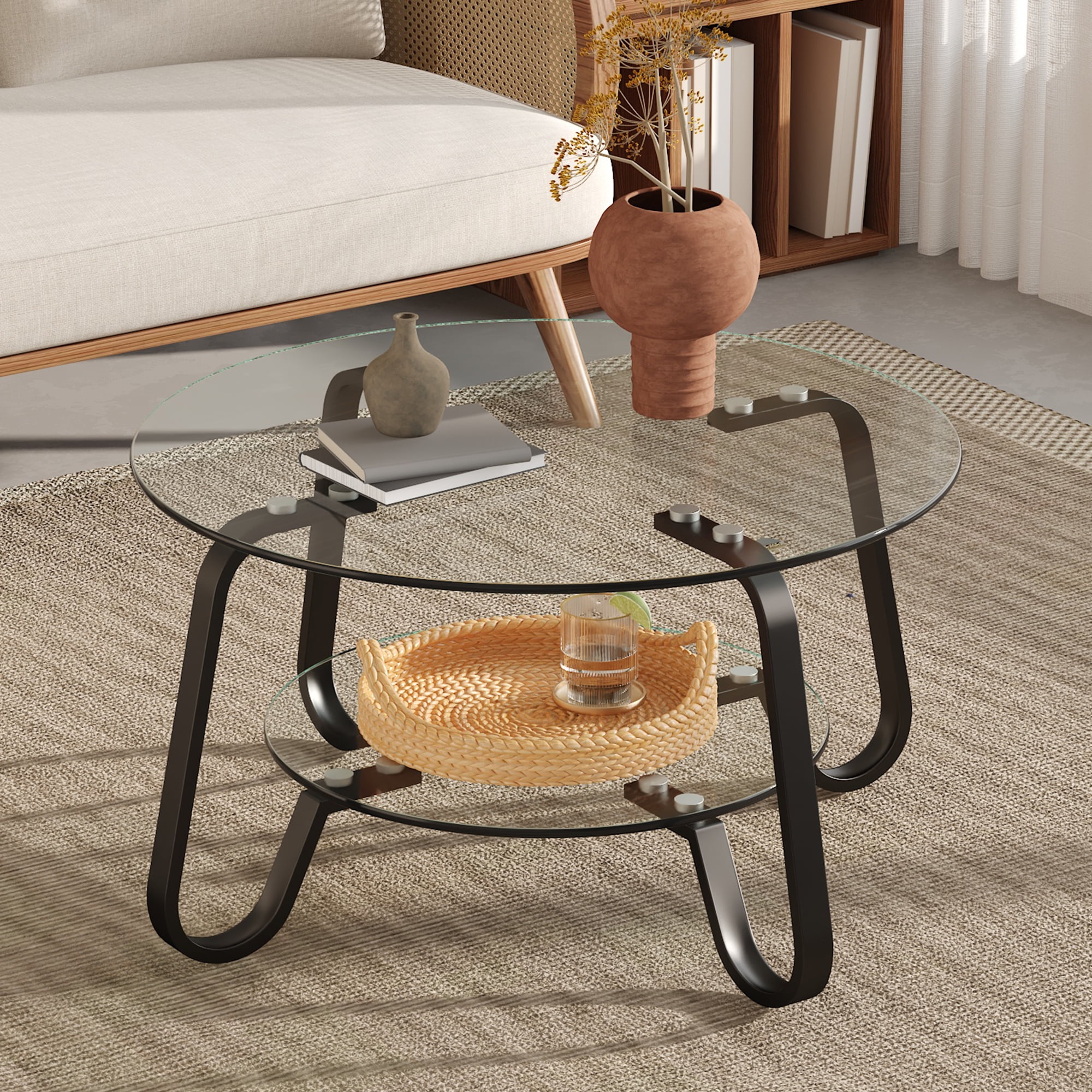 Retro Minimalist Metal Frame Coffee Table, 31.5 Inch Square Cocktail Table with Double Layer Tempered Glass Top, Vintage Style Center Table for Living Room