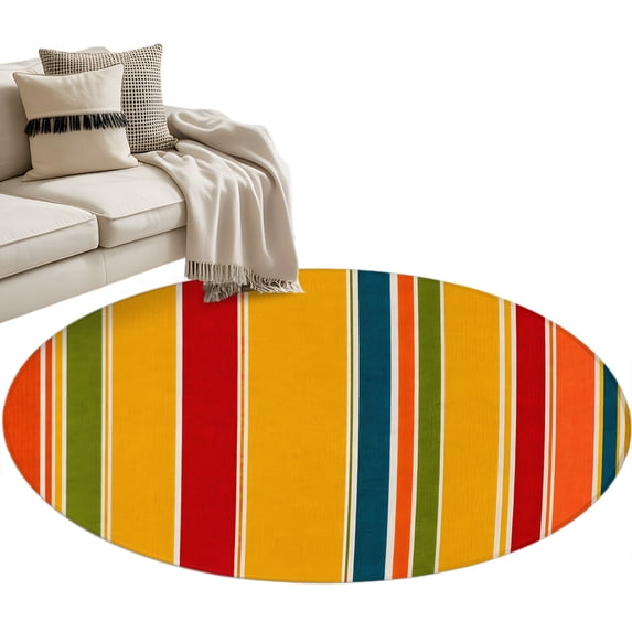 Retro Minimalist Striped Round Rug 4ft Washable Circle Entryway Rugs Non Slip Classic Lines Geometric Pattern Area Rug Indoor Floor Carpet for Bedroom Kitchen Living Room Home Office Dining Room