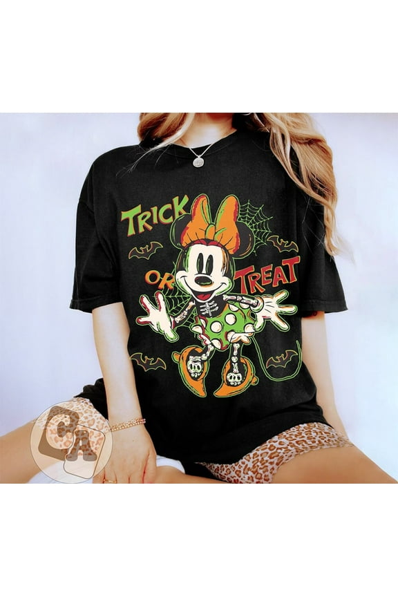Retro Minnie Halloween Trick Or Treat T-Shirt, Minnie Mickey Skeleton Halloween Shirt, Disney Halloween Party Shirt