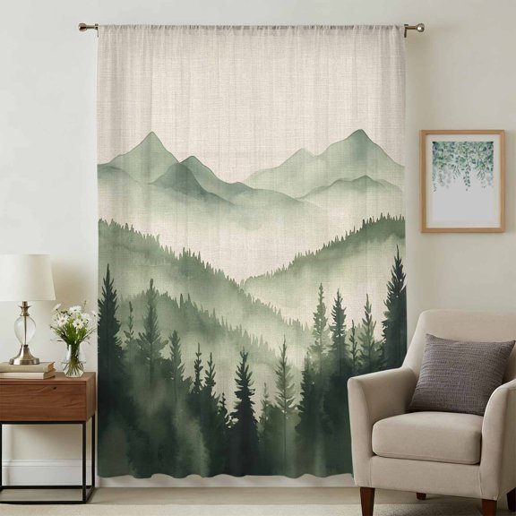 Retro Mist Forest Sheer Curtains 45 Inches Long, Farmhouse Mountain Natural Landscape Light Filering Curtains, Breathable Simi Curtain Privacy Drapes for Kitchen Bathroom Small Window Treatment