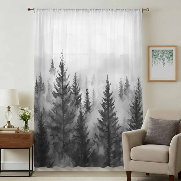 Retro Mist Forest Sheer Curtains 63 Inches Long, Watercolor Mountains Nature Landscape Light Filering Curtains, Breathable Simi Curtain Privacy Drapes for Living Room Bedroom Window Treatment