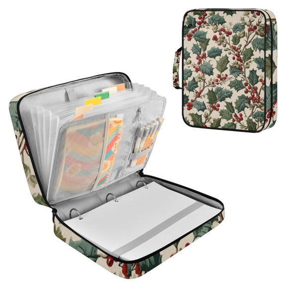 Retro Mistletoe Holly Leaves Christmas Accordion File Organizer Expanding File Folder 3-Ring Binder Bag 500 Sheets A4 Size