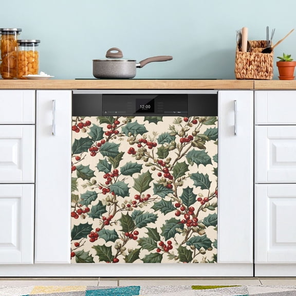 Retro Mistletoe Holly Leaves Christmas Dishwasher Magnet Refrigerator Magnetic Cover Washing Machine Magnet Sticker Kitchen Decor