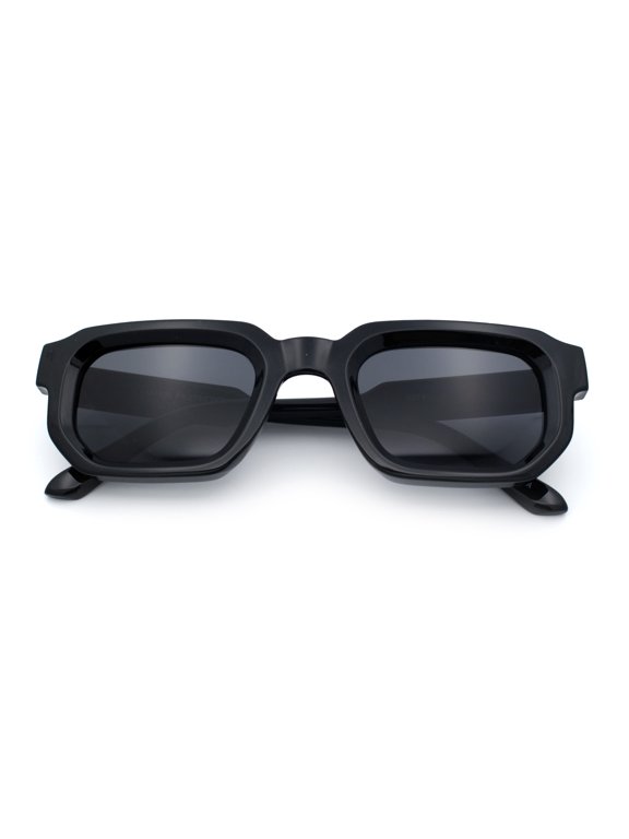 Retro Mod Narrow Rectangle Horn Rim Beveled Thick Plastic Sunglasses All Black