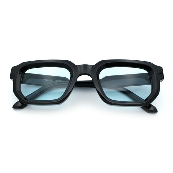 Retro Mod Narrow Rectangle Horn Rim Beveled Thick Plastic Sunglasses Black - Blue