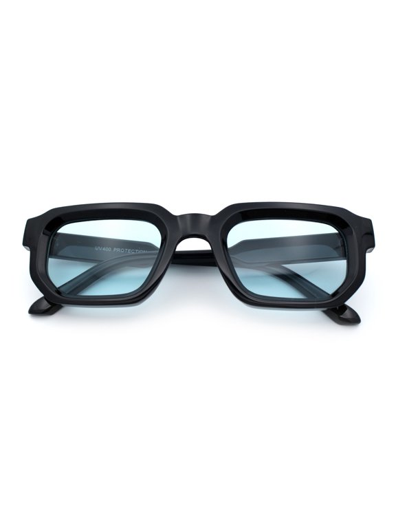 Retro Mod Narrow Rectangle Horn Rim Beveled Thick Plastic Sunglasses Black - Blue