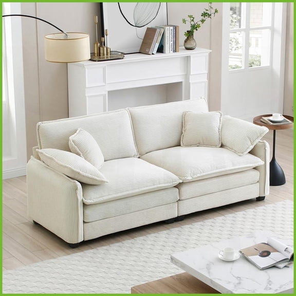 Beige Corduroy 2-Seater Sofa with 4 Pillows - Retro-Modern Deep Seat for Living Room Comfort