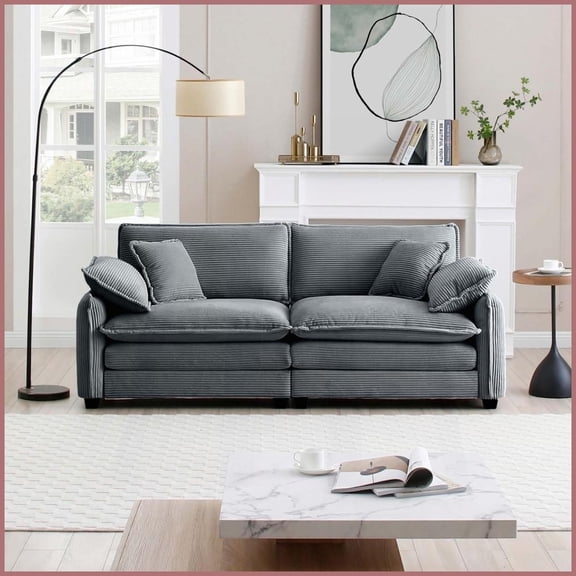 Retro-Modern Grey Corduroy 2-Seater Sofa with 4 Pillows - Deep Seat Living Room Comfort