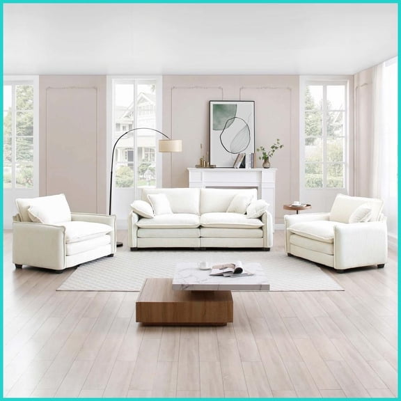 Retro-Modern Beige Corduroy Sofa Set 2 Singles + 1 Loveseat for Living Room, Home Theater & Clubs