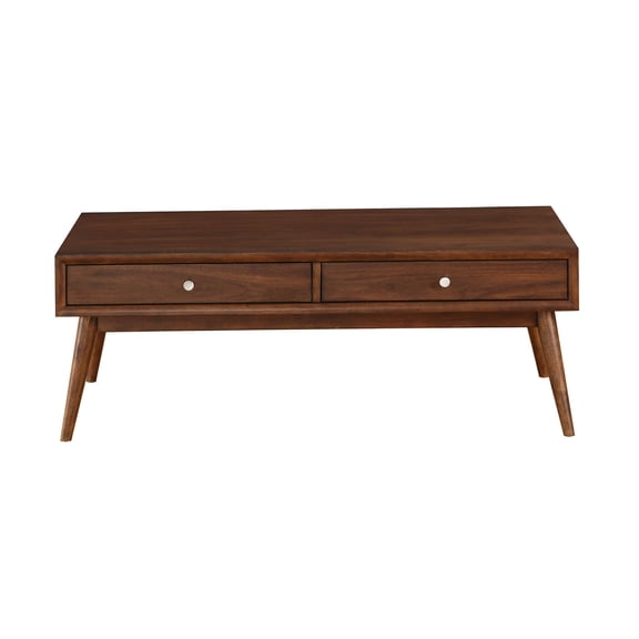 Retro Modern Coffee Table with 2 Drawers, Brown Walnut Veneer Wood Console Table for Living Room