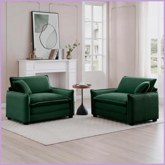 Retro-Modern Green Corduroy Deep-Seated Sofa Set 2 Single Seats for Living Room & Office