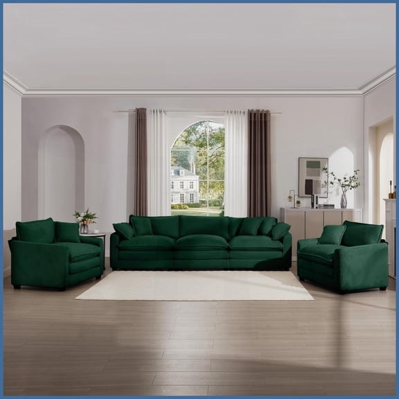 Retro-Modern Green Corduroy Sofa Set 2 Single + 1 3-Seater for Living Room/Home Theater with Plush Comfort