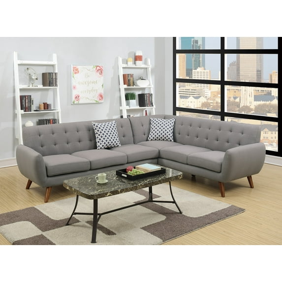 Retro & Modern Grey Color Classic Sectional Sofa Loveseat Wedge Couch Living Room Furniture Linen Like Fabric Cushion Pillows