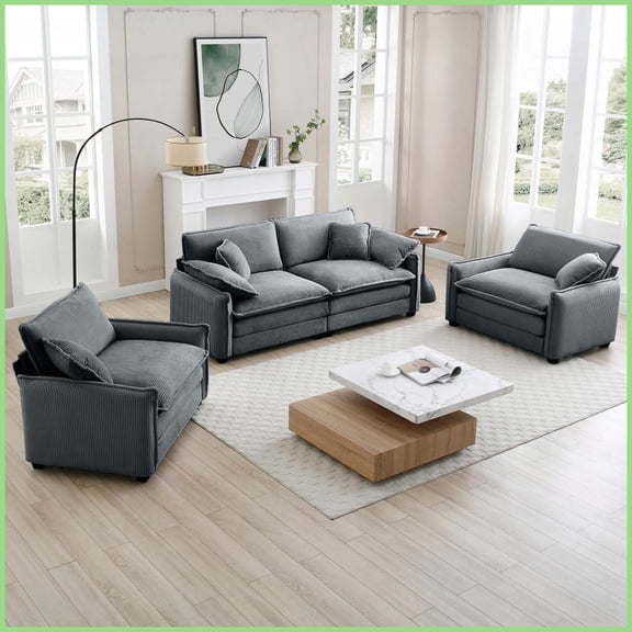 Retro-Modern Grey Corduroy Sofa Set 2 Single + 1 2-Seater for Living Rooms & Home Theaters