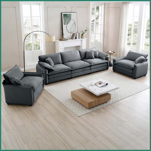 Retro-Modern Grey Corduroy Sofa Set 3-Seater + 2 Singles for Living Room/Home Theater with Plush Cushions