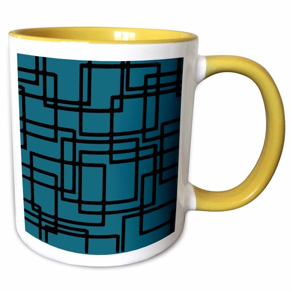 3drose, Retro Modern Mid Century Black Rectangle Design on Deep Teal, 11oz Two-tone Yellow Mug