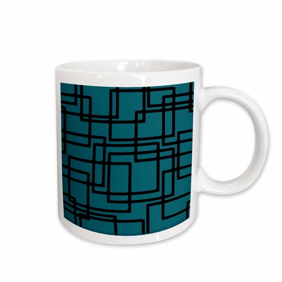 3drose, Retro Modern Mid Century Black Rectangle Design on Deep Teal, 15oz Mug