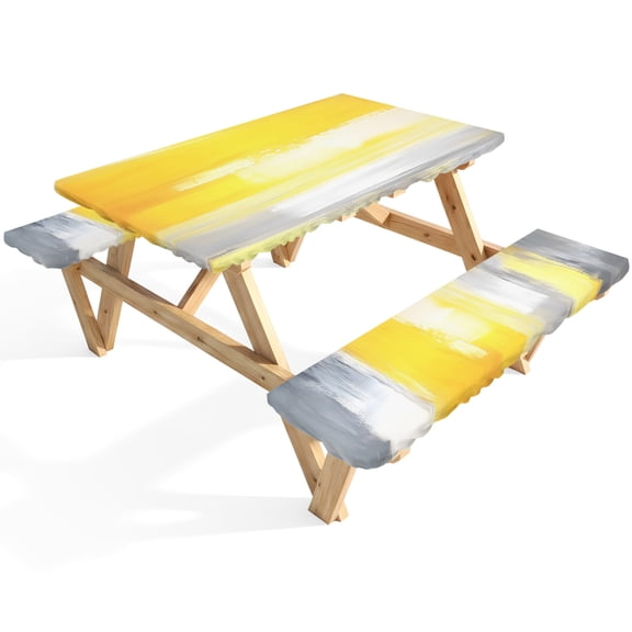 Retro Modern Picnic Table Cover with Bench Covers Grey Yellow Ombre White Rusty Abstract Art Waterproof Fitted Picnic Tablecloth 3 Pieces Set Table Cloth for Outdoor Camping Garden BBQ
