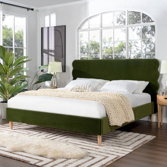 Olive Green Stockholm Platform Bed Featuring a Wavy Headboard and Durable Frame