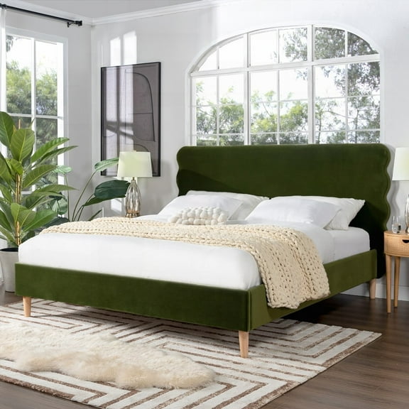 Retro Modern Wavy Headboard Bed | King, Olive Green | Durable Frame
