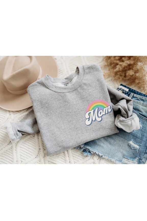 Retro Mom T-Shirt, Mothers Day Gift, Rainbow Mom Pocket T-Shirt, Mom Crewneck Pullover, Gi