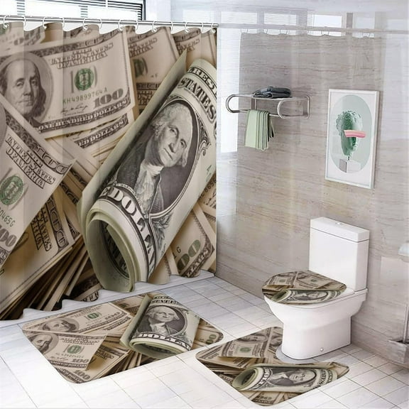 Retro Money Print 4 Pcs Shower Curtain Set Bathroom Set Funny United States Money 100 Dollar Bill Cash Theme Shower Mat Shower Curtain with Rug 12 Hooks,72" W x 72" L